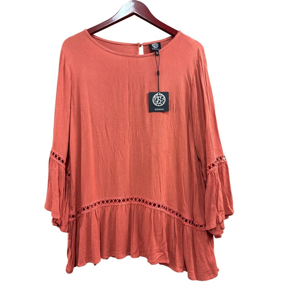 Bobeau Womens Long Sleeve Peasant Top With Crochet Trim In Rust Size L 100% Rayo